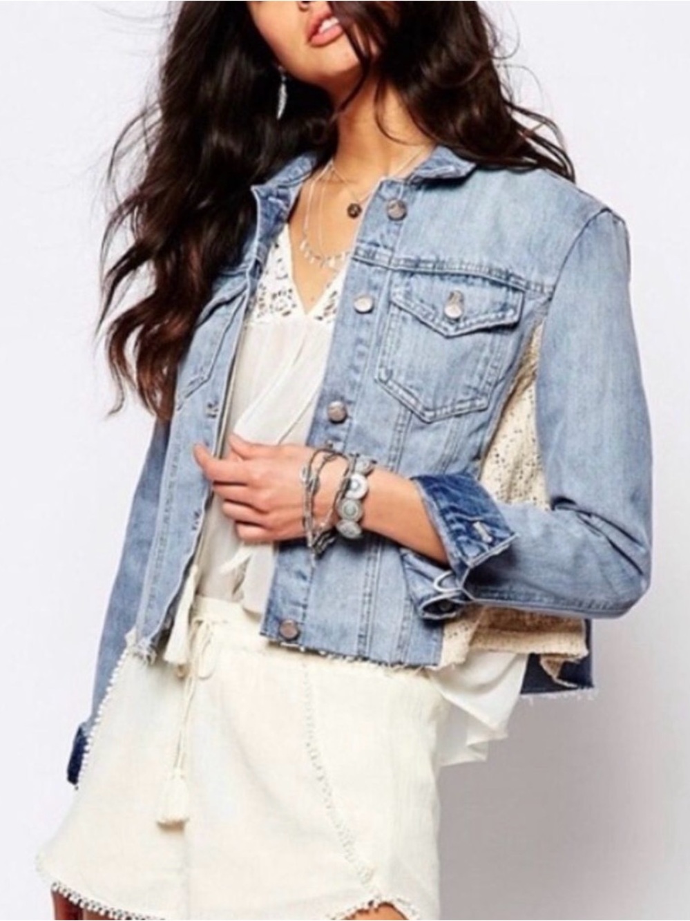 Free People Light Wash Denim Jean Jacket with Lace Side Panels Size Large